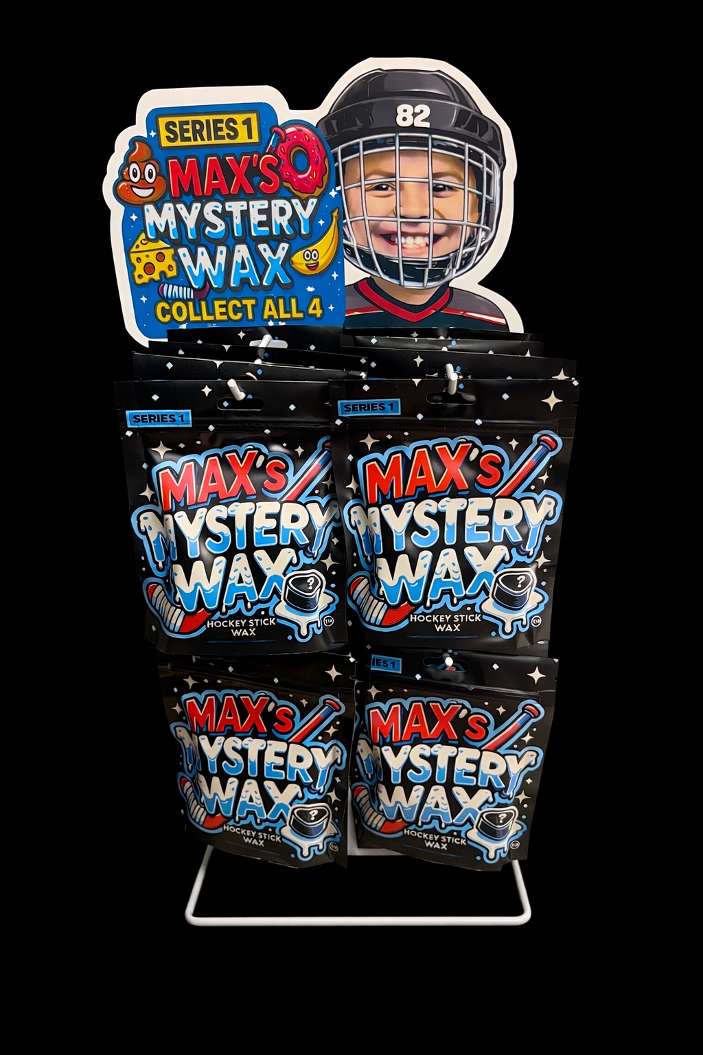 Max's Mystery Wax retail display stocked with mystery wax bags